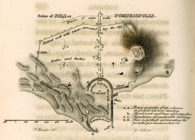 Ein altes Buch mit einer detaillierten Karte einer Stadt auf dem Cover, begleitet von Text über die Geschichte, Kultur und Sehenswürdigkeiten der Stadt.