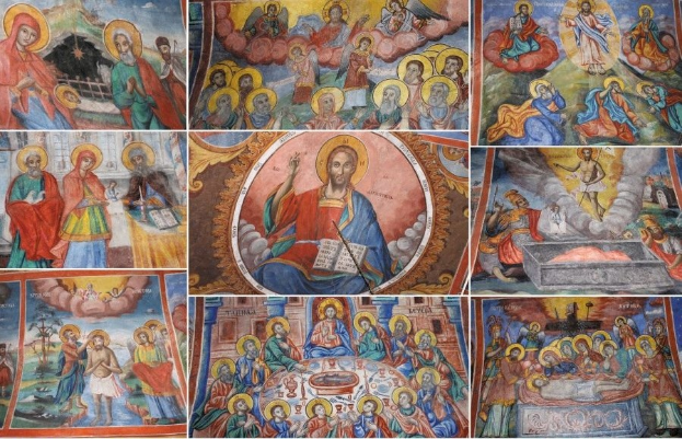 Ein Collage aus leuchtenden, farbenfrohen religiösen Gemälden an einer Kirchenwand, die verschiedene Figuren in einem realistischen Stil mit detaillierten Details darstellen.
