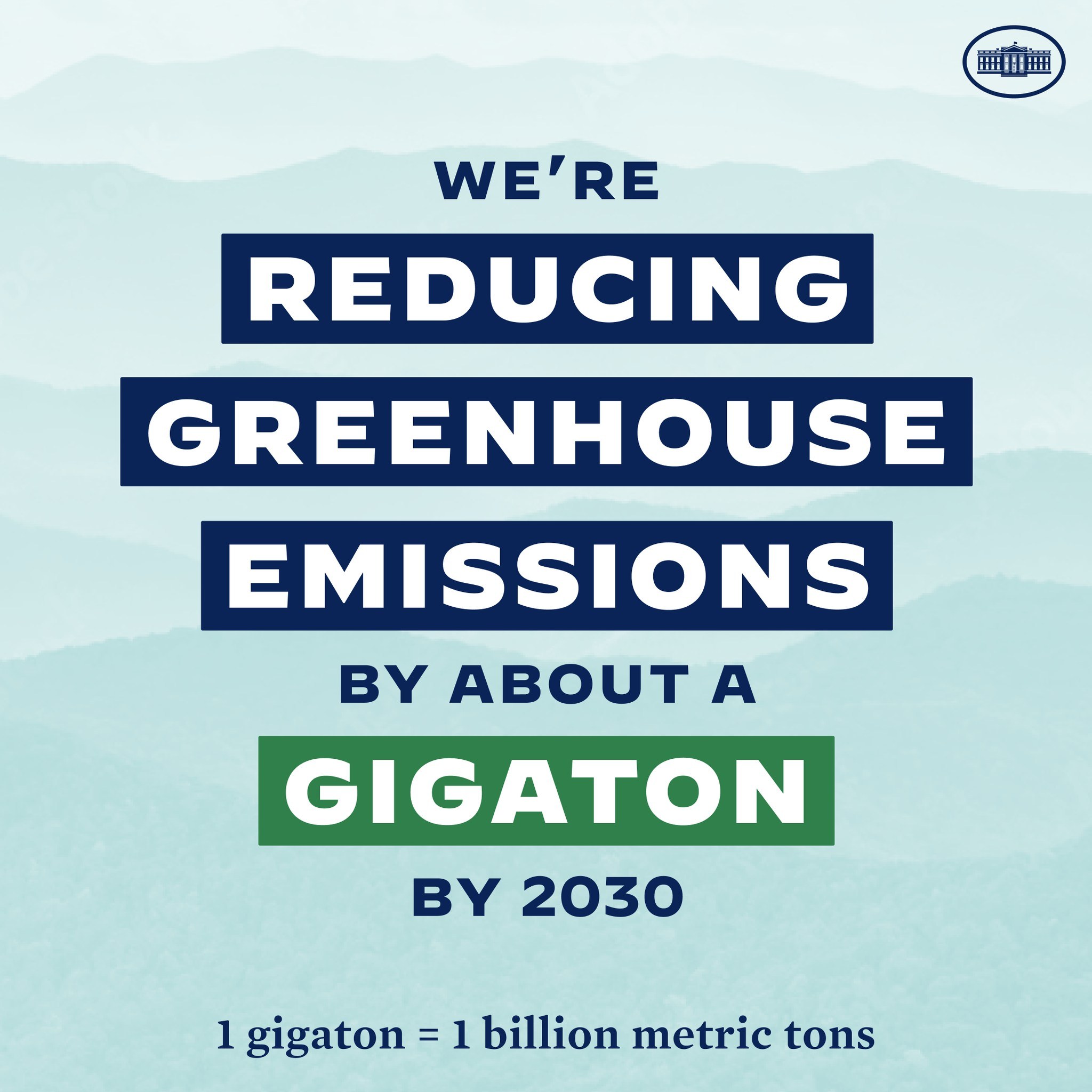 Ein Plakat mit Text und Logo, das "Wir reduzieren die Treibhausgasemissionen bis 2030 um etwa eine Gigatonne" fordert.