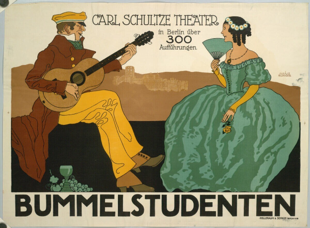 Plakat für ein Konzert im Carl-Schulze-Theater in Berlin, das einen Mann mit einer Gitarre und eine Frau mit einem Fächer zeigt.