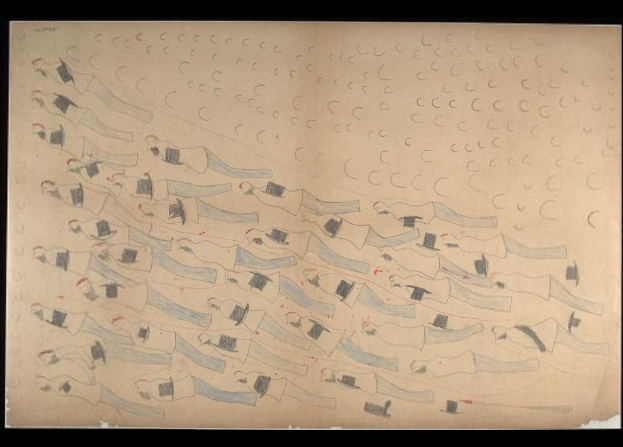 Schwarzumrandetes Zeichnung von Menschen, die gemeinsam in einem Gewässer schwimmen.