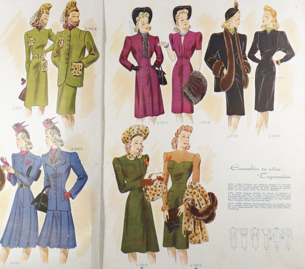 Ein Buchumschlag mit einer Zeichnung einer Frau in einem 1940er-Kleid und Hut, umgeben von Bildern anderer Frauen in ähnlicher Kleidung, mit der Aufschrift "Fashion aus den 1940ern".