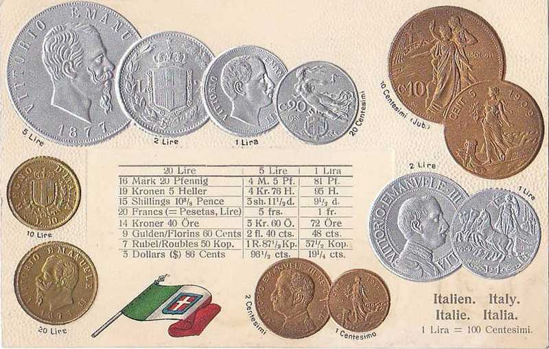 Ein Blatt Papier mit einer Reihe italienischer Münzen von 1877 bis 1910, darunter mehrere 20-Lire-Münzen, mit Text und Porträts und zwei Flaggen unten, darunter die italienische Flagge.