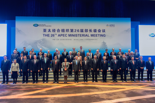 Gruppe von Menschen in formeller Kleidung auf einer Bühne mit einem "Asia Pacific Economic Cooperation Summit"-Hintergrund, Stufen, Tafeln und Beleuchtung.