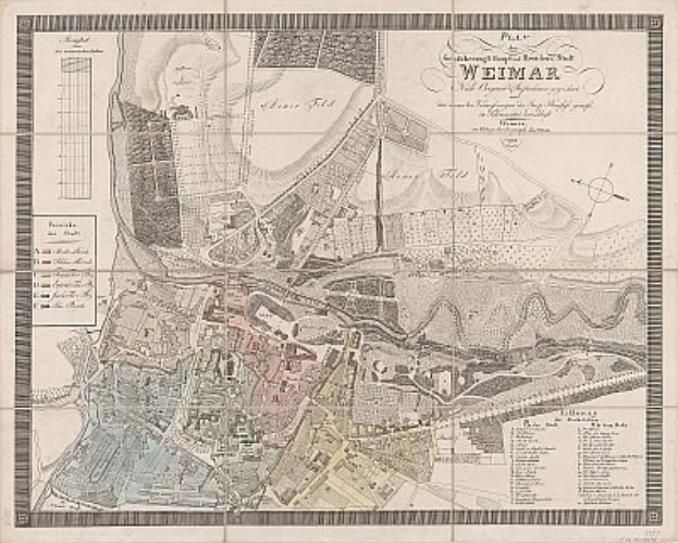 Ausführliche alte Karte von Weimar, Deutschland, die Straßen, Gebäude und Sehenswürdigkeiten zeigt, mit begleitendem Text über die Bevölkerung und bemerkenswerte Merkmale der Stadt.
