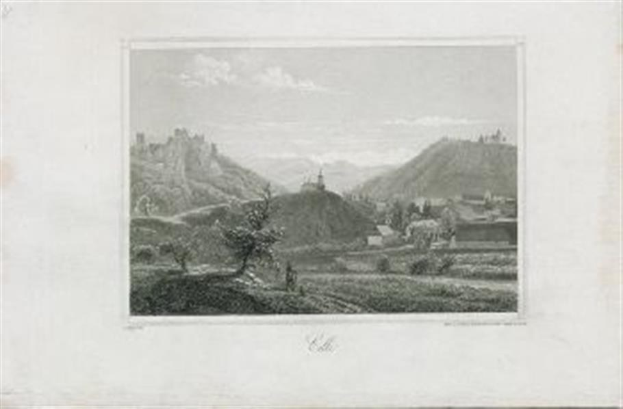 Schwarz-weiß-Radierung einer keltischen Landschaft mit Stirling Castle in der Ferne, umgeben von Bäumen, Hügeln und einem bewölkten Himmel, mit der Beschriftung "Keltische Landschaft mit dem Castle of Stirling, Schottland" unten.