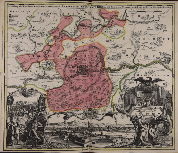 Ein altes Buch mit einer zentralen Deutschlandkarte umgeben von Illustrationen und Text, das einen klassischen und zeitlosen Eindruck vermittelt.