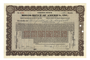 Alte Aktienurkunde ausgestellt von Rolls Royce of America, Inc. mit gedrucktem Text und numerischen Details.