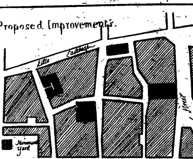 Schwarze und weiße Stadtkarte mit der Beschriftung "Vorgeschlagene Verbesserungen", die Straßen, Gebäude und Sehenswürdigkeiten zeigt.