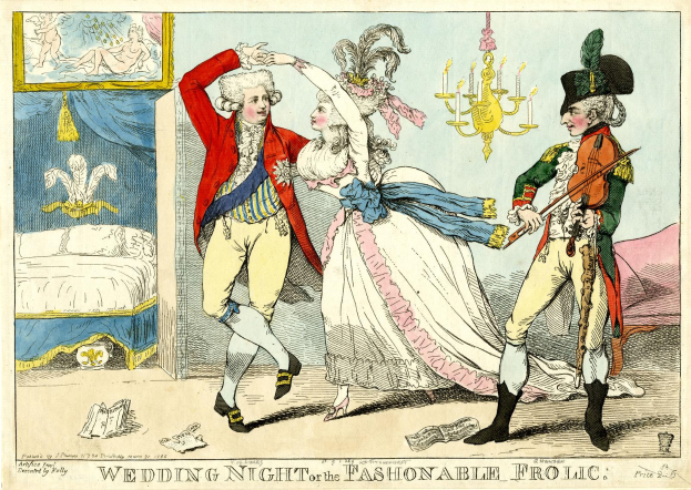 Eine Karikatur eines Mannes und einer Frau, die auf einer Hochzeit tanzen, beleuchtet von einem Kronleuchter, mit einem Bett, einem Wandrahmen und verschiedenen Gegenständen auf dem Boden; der Text unten lautet "Hochzeitsnacht oder das Modevergnügen".
