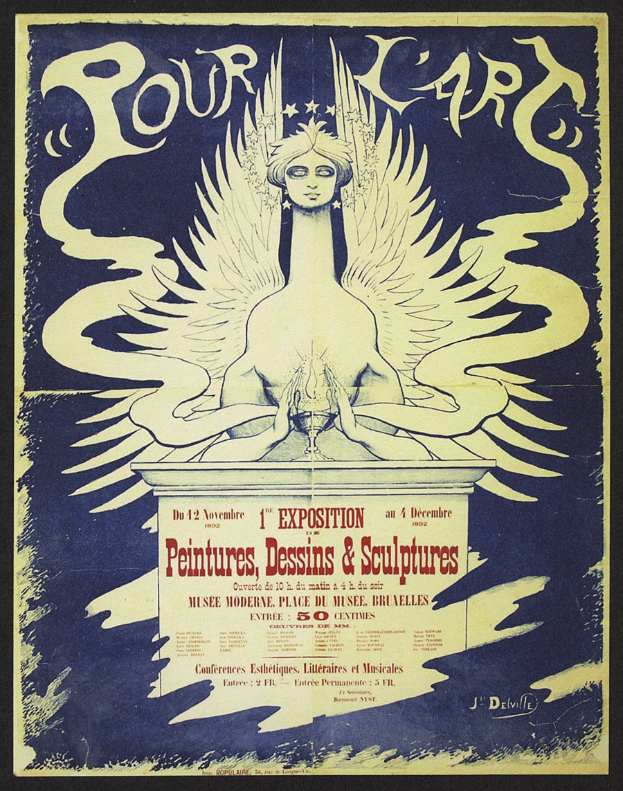 Ein Konzertplakat, das eine Frau mit Flügeln zeigt, die ein langes Kleid trägt, die Arme ausbreitet, mit einem friedlichen Gesichtsausdruck, vor einem tiefblauen Nachthimmel mit Sternen und einem Halbmond.