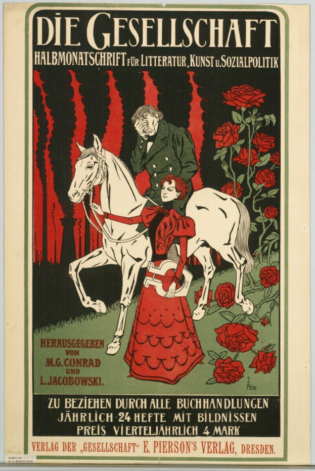 Deutsches Propagandaplakat 'Gesellschaft' mit einem Mann und einer Frau auf einem Pferd umgeben von Rosen mit Text.
