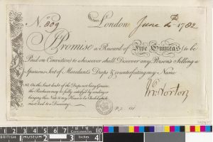 Altes Dokument mit schwarzer und weißer Handschrift, Text, einem Stempel und Farbskalen unten, die eine Belohnung von fünf Emiraten für die Meldung von gefälschten Mardant's Tropfen angeben.