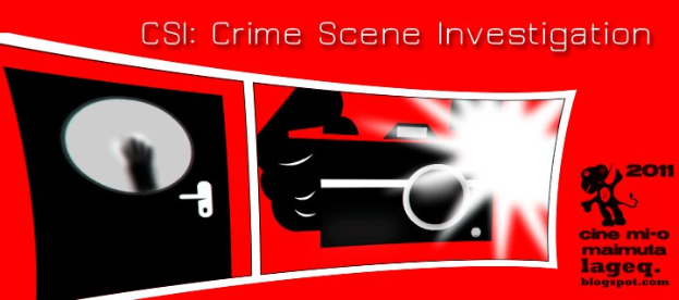 Rotes Plakat mit der Aufschrift "CSI Crime Scene Investigation" in weißer Fettschrift, das einen Menschen in einer schwarzen Kapuzenjacke mit entschlossener Miene zeigt, umgeben von einem schwarzen und weißen Rand, vor einem dunklen blauen Hintergrund.