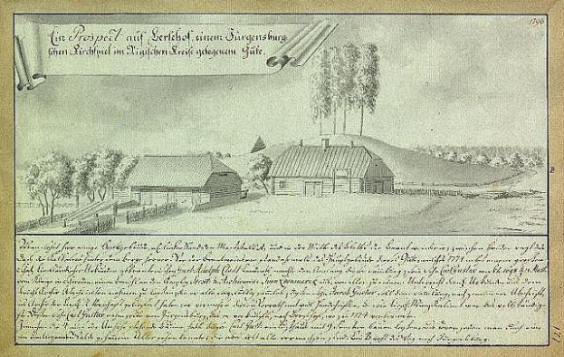 Ein altes Dokument mit einer Zeichnung eines Bauernhofs in einem Feld, umgeben von Häusern, Bäumen und Himmel, mit der Aufschrift "Surgensburg, Deutschland - Landschaft eines Bauernhofs."