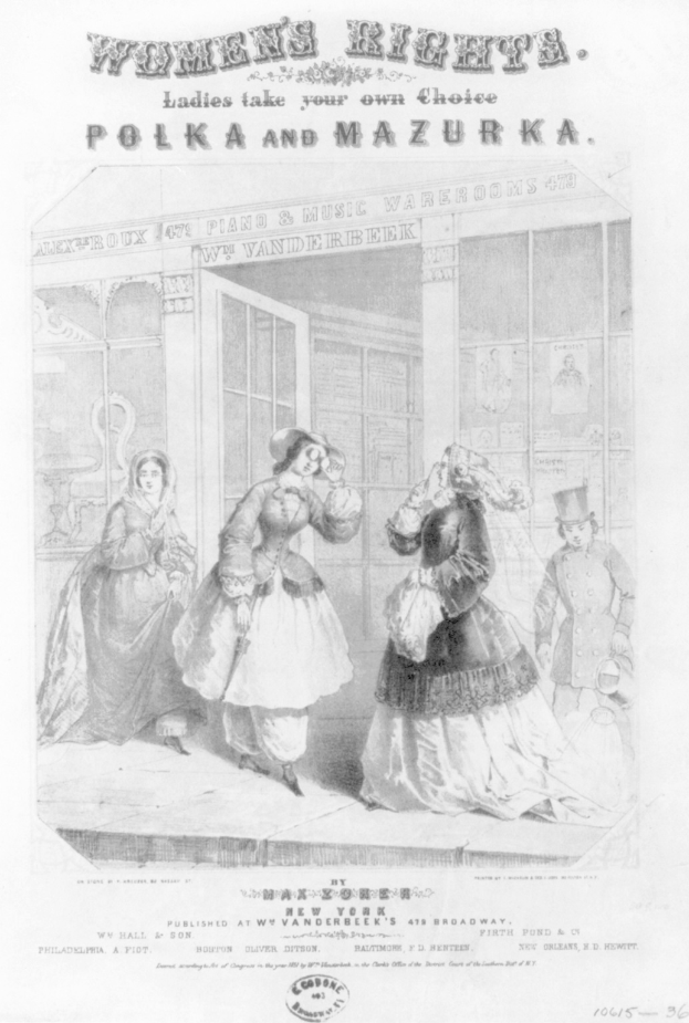 Ein Blatt mit einer Zeichnung von drei Frauen vor einem Gebäude, das den Text 'Frauenrechte: Ladies Take Your Own Choice, Polka und Mazurka' oben und unten zeigt.