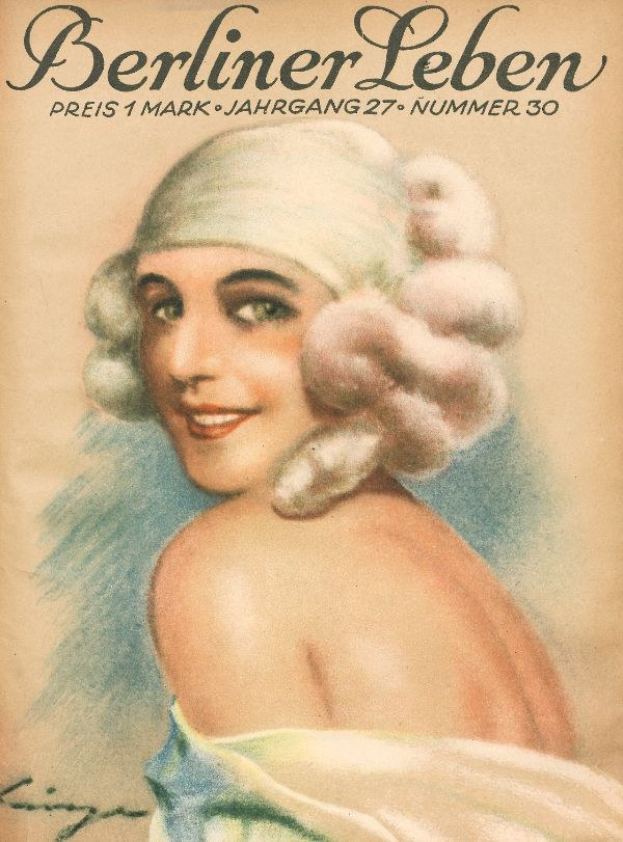 Eine Frau mit Turban lächelt auf dem Cover eines Magazins mit der Aufschrift "Berliner Leben."