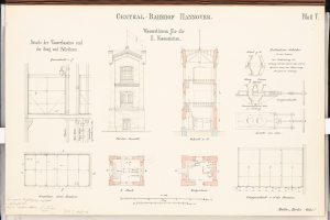 Ein Buch mit einer detaillierten Zeichnung des Central Bahnhof Hannover, das dessen architektonische Elemente wie Fenster und Türen zeigt, sowie begleitenden Text über dessen Design.