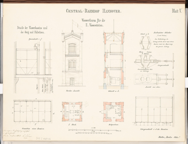 Ein Buch mit einer detaillierten Zeichnung des Central Bahnhof Hannover, das dessen architektonische Elemente wie Fenster und Türen zeigt, sowie begleitenden Text über dessen Design.