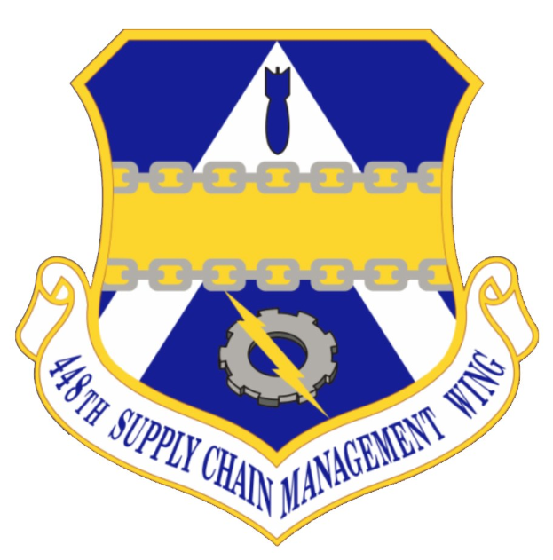 Logo der 48. Versorgungsmanagementstaffel mit einem blauen Schild mit einem weißen Stern, einem weißen Banner mit der Aufschrift "Versorgungsmanagement" in blau und dem Text "48. Versorgungsmanagementstaffel" in fetter schwarzer Schrift.