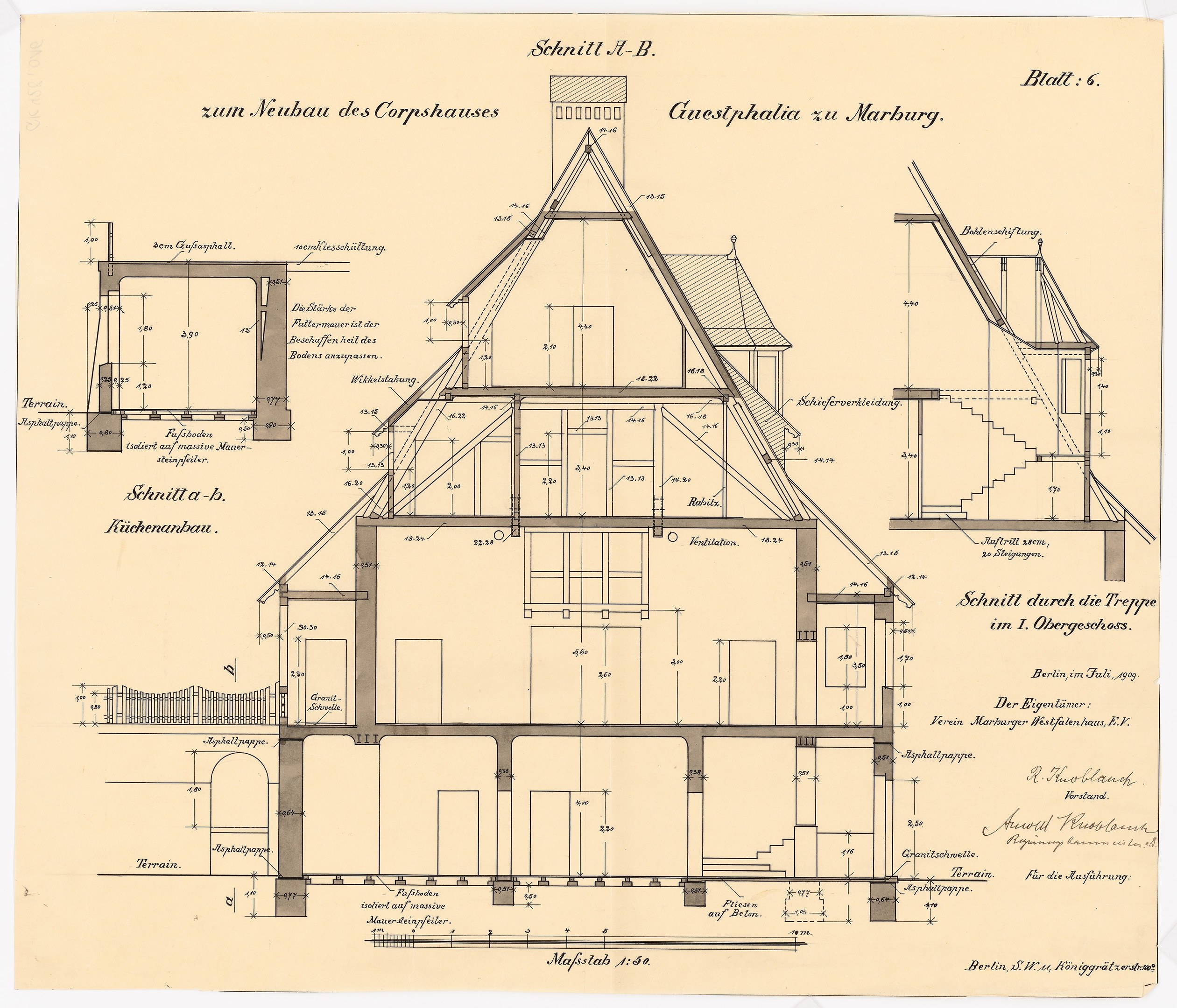 Schwarz-weißes Architekturzeichnung eines Hauses mit zahlreichen Fenstern und einem Dach, beschriftet als das erste Haus in Deutschland, begleitet von detaillierten Bauplänen und Text.