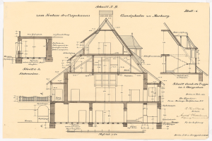 Schwarz-weißes Architekturzeichnung eines Hauses mit zahlreichen Fenstern und einem Dach, beschriftet als das erste Haus in Deutschland, begleitet von detaillierten Bauplänen und Text.