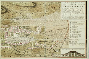 Ein detailliertes altes Stadtplan von Baden-Württemberg, Deutschland, der Straßen, Gebäude und Sehenswürdigkeiten zeigt, mit Text, der Stadtinformationen und ein Gebäude in der rechten unteren Ecke bereitstellt.