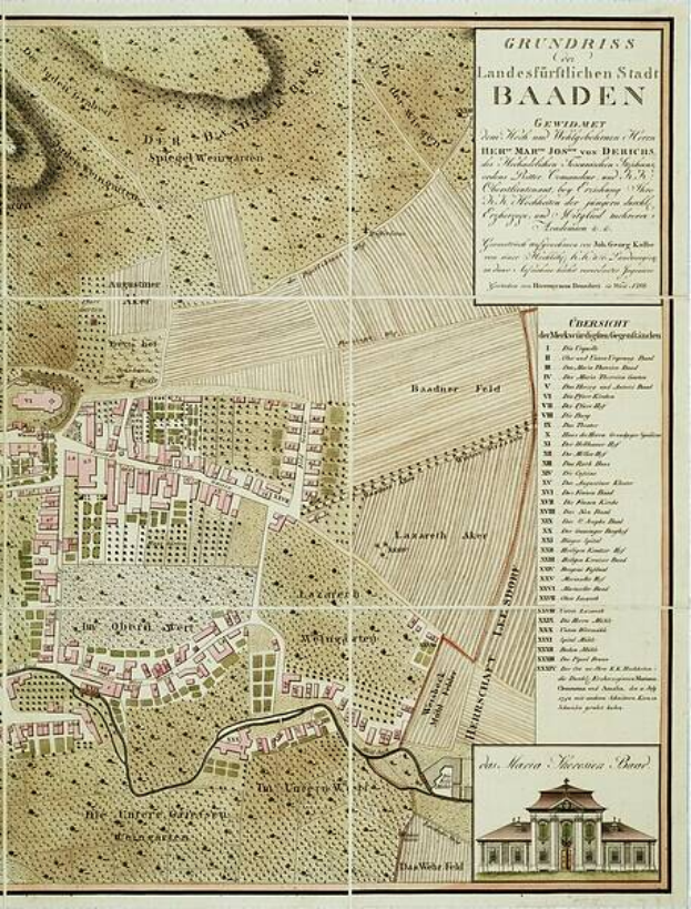 Ein detailliertes altes Stadtplan von Baden-Württemberg, Deutschland, der Straßen, Gebäude und Sehenswürdigkeiten zeigt, mit Text, der Stadtinformationen und ein Gebäude in der rechten unteren Ecke bereitstellt.