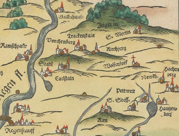 Alte Karte von Köln, Deutschland, mit grünen Bäumen, kleinen gemütlichen Häusern und dekorativem Text.