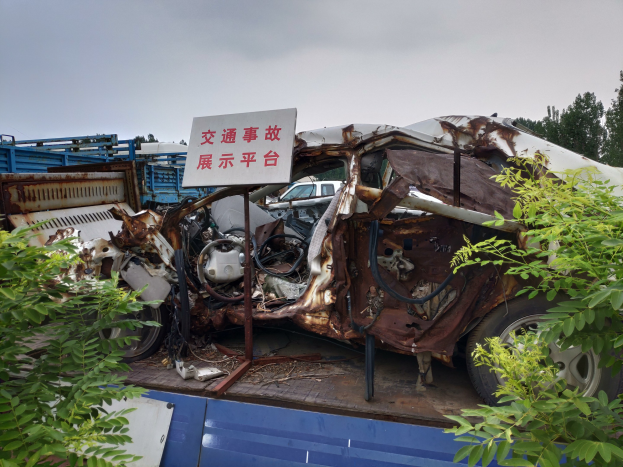 Ein verrostetes und verbeultes Auto auf einem Truck-Bett gesichert, flankiert von Grünpflanzen, mit Bäumen und einem klaren Himmel im Hintergrund.
