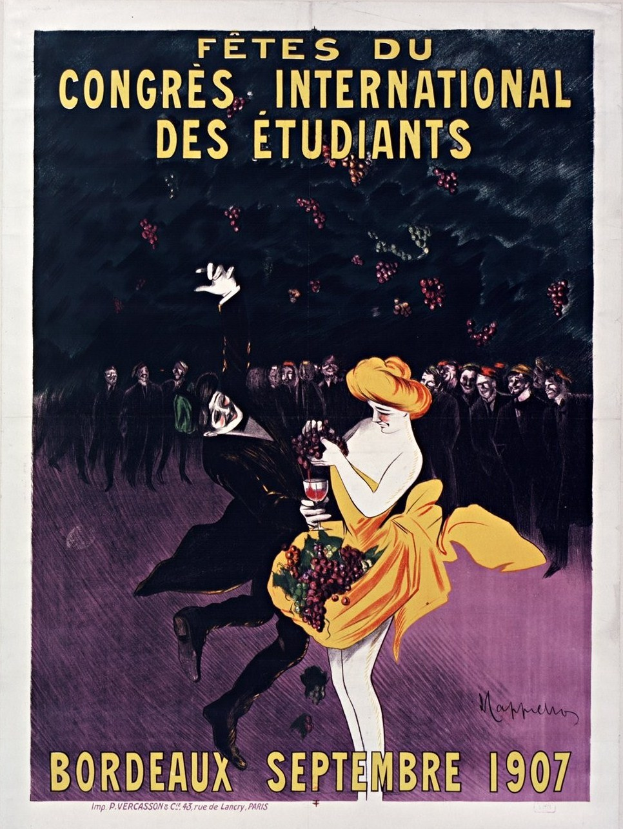 Plakat aus dem Jahr 1907, das eine Weinprobe in Bordeaux, Frankreich, ankündigt, mit einer Frau in gelbem Kleid, die ein Weinglas hält, umgeben von einer Gruppe von Menschen, mit Text, der das Ereignis beschreibt.