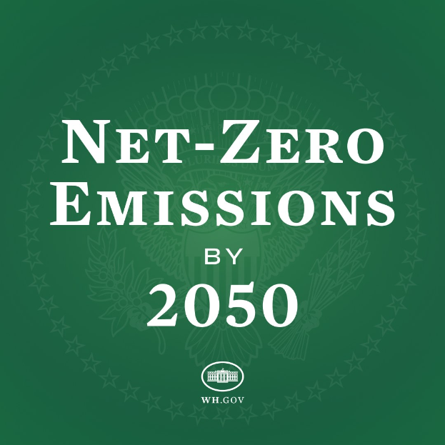 Ein grüner Hintergrund mit der fetten weißen Schrift "net-zero emissions by 2050".