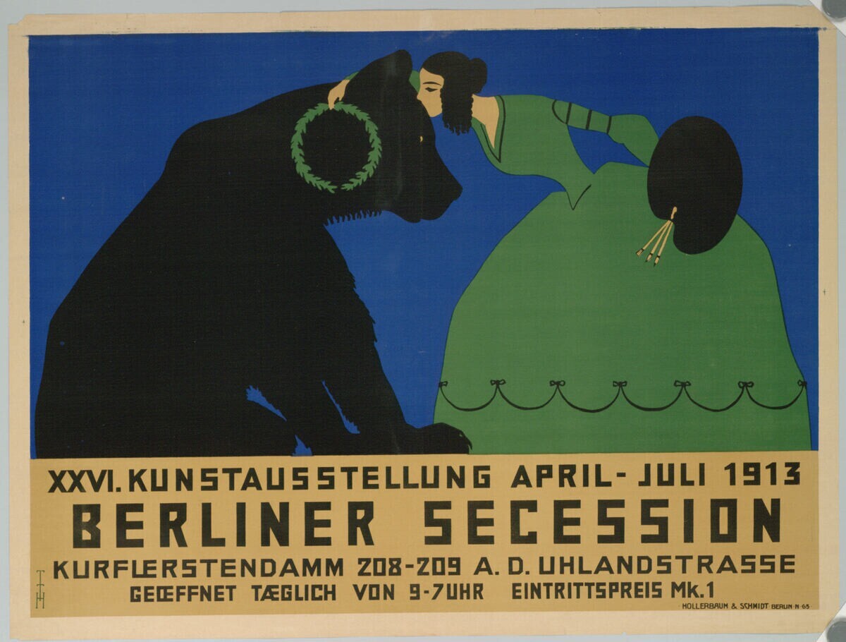 Plakat der Berliner Secession von 1913 mit einer Frau und einem Hund und Textinformationen zum Event.