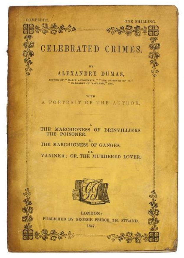 Ein altes Buch namens "Berühmte Verbrechen" von Alexandre Dumas mit einem Porträt des Autors und verzierten Designs auf dem Cover.