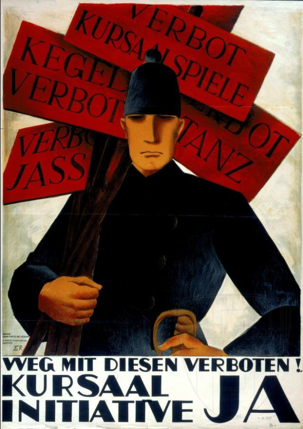Deutsches Propagandaplakat mit dem Titel "Weg mit diesen Verboten", das einen Soldaten in Uniform zeigt, der ein Schild hält, mit fetter schwarzer Schrift.