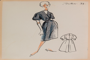Eine Zeichnung einer Frau in einem Kleid im Stil der 1960er Jahre mit einem Kragen, langen Ärmeln und einemrock mit Falten, die mit ausgestreckten Armen und leicht geneigtem Kopf steht, mit dem Text "1960er Jahre" auf dem Papier.