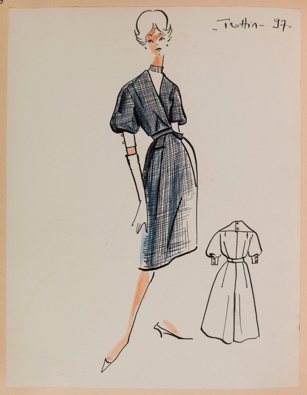 Eine Zeichnung einer Frau in einem Kleid im Stil der 1960er Jahre mit einem Kragen, langen Ärmeln und einemrock mit Falten, die mit ausgestreckten Armen und leicht geneigtem Kopf steht, mit dem Text "1960er Jahre" auf dem Papier.