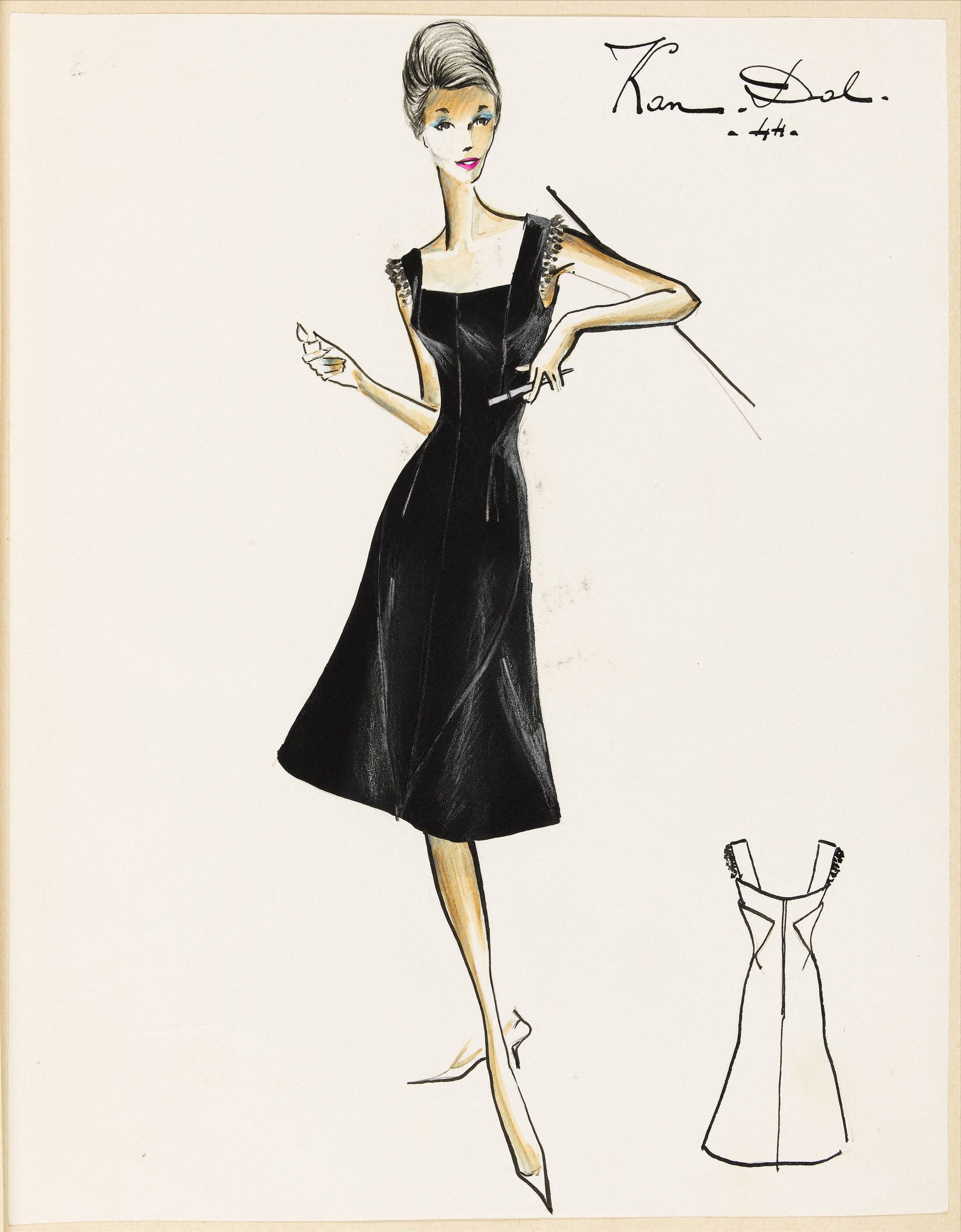 Eine Schwarz-Weiß-Skizze einer Frau in einem eng anliegenden Oberteil und einem knielangen Rock, die schwarze High Heels trägt und eine sleek frisierte Frisur hat, mit einem abwesenden Blick.