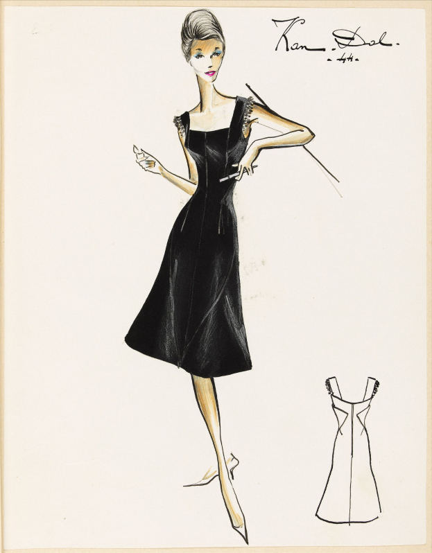 Eine Schwarz-Weiß-Skizze einer Frau in einem eng anliegenden Oberteil und einem knielangen Rock, die schwarze High Heels trägt und eine sleek frisierte Frisur hat, mit einem abwesenden Blick.