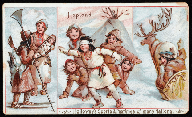 Eine Gruppe von Kindern spielt im Schnee mit einem Rentier, umgeben von einem schwarzen Hintergrund, mit Text unten, der "Holloway's Sports & Pastimes of Many Nations" liest.