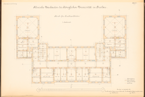 Ein detaillierter Grundrissplan der Königlichen Universität in Dresden, der zahlreiche Räume und den Hauptsaal zeigt, mit begleitendem Text.