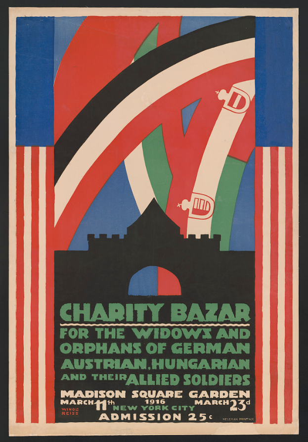 Plakat für einen Wohltätigkeitsbasar zugunsten von Witwen und Waisen deutscher, australischer, ungarischer und alliierter Soldaten mit Textangaben zur Veranstaltung.