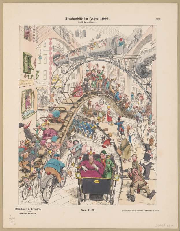 Ein altes Buch mit einer Zeichnung einer aufgeregten Menge an einem Bahnhof von 1900, gerahmt und beschriftet mit 'Straßenbild im Jahre 1900'.