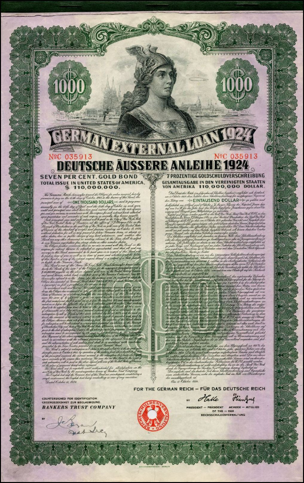 Deutsches Auslandsdarlehen-Zertifikat von 1924 mit einem Porträt einer Frau, bedruckt mit Text und numerischen Denominationen auf altem Papier.