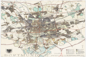 Ein altes Stadtplan von Dortmund, Deutschland, auf einem Poster mit Logo und Text unten gedruckt.