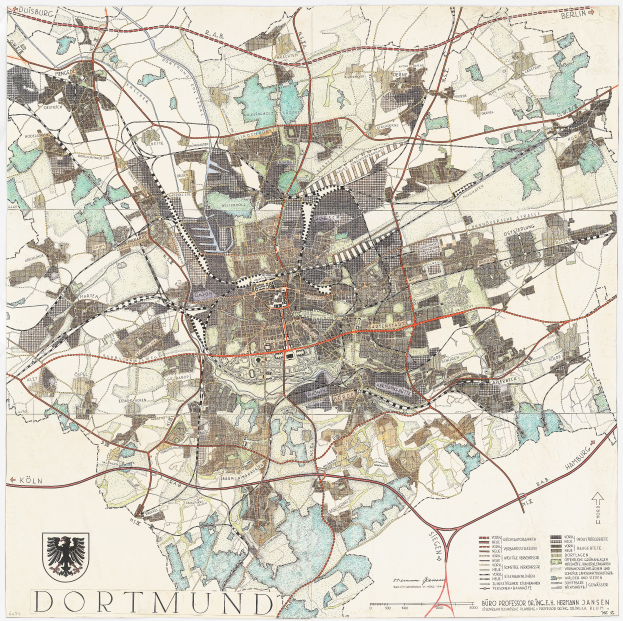 Ein altes Stadtplan von Dortmund, Deutschland, auf einem Poster mit Logo und Text unten gedruckt.