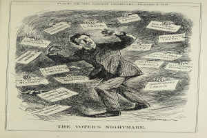 Ein Mann im Anzug und mit Krawatte hält ein Schild mit der Aufschrift "Der Albtraum des Wählers" und blickt entschlossen.