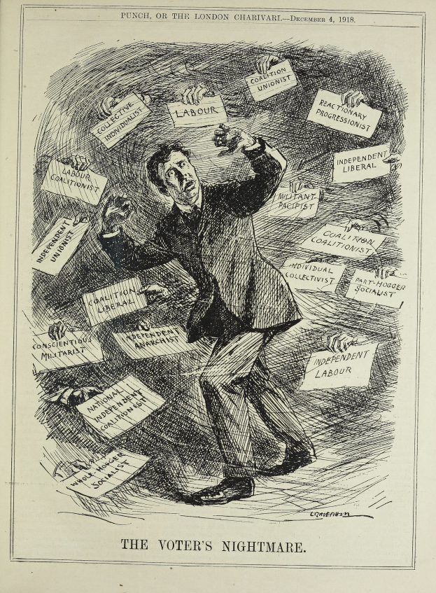 Ein Mann im Anzug und mit Krawatte hält ein Schild mit der Aufschrift "Der Albtraum des Wählers" und blickt entschlossen.