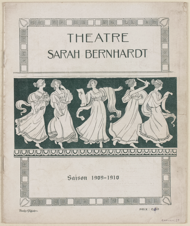 Ein Vintage-Plakat des Théâtre Sarah Bernhardt aus dem Jahr 1909-1910, das eine Gruppe von Frauen in der Mitte zeigt.