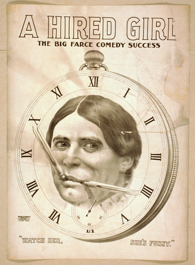 Plakat mit einer entschlossenen Person im Hintergrund und dem Titel "Eine angestellte Frau: Die große Farce-Komödien-Erfolg" quer darüber.